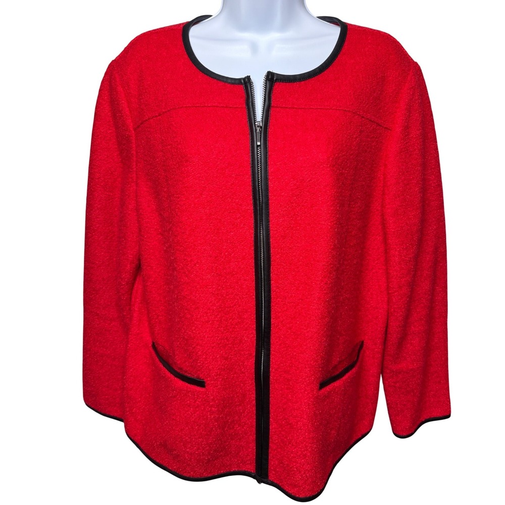 CHICO'S Womens Red Zip Front Wool Blend Jacket Sz 2/L Faux Leather Trim Elegant